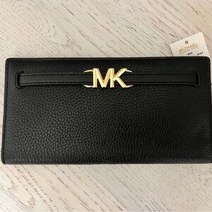 Michael Kors Black Leather Continental Wallet with Gold MK Emblem